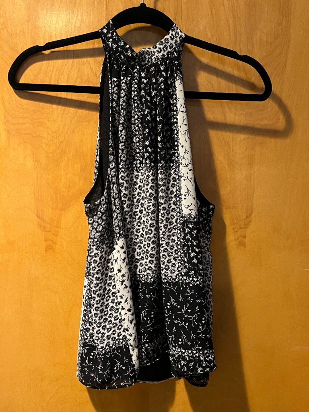 Women's high neck black and white floral patchwork tank top